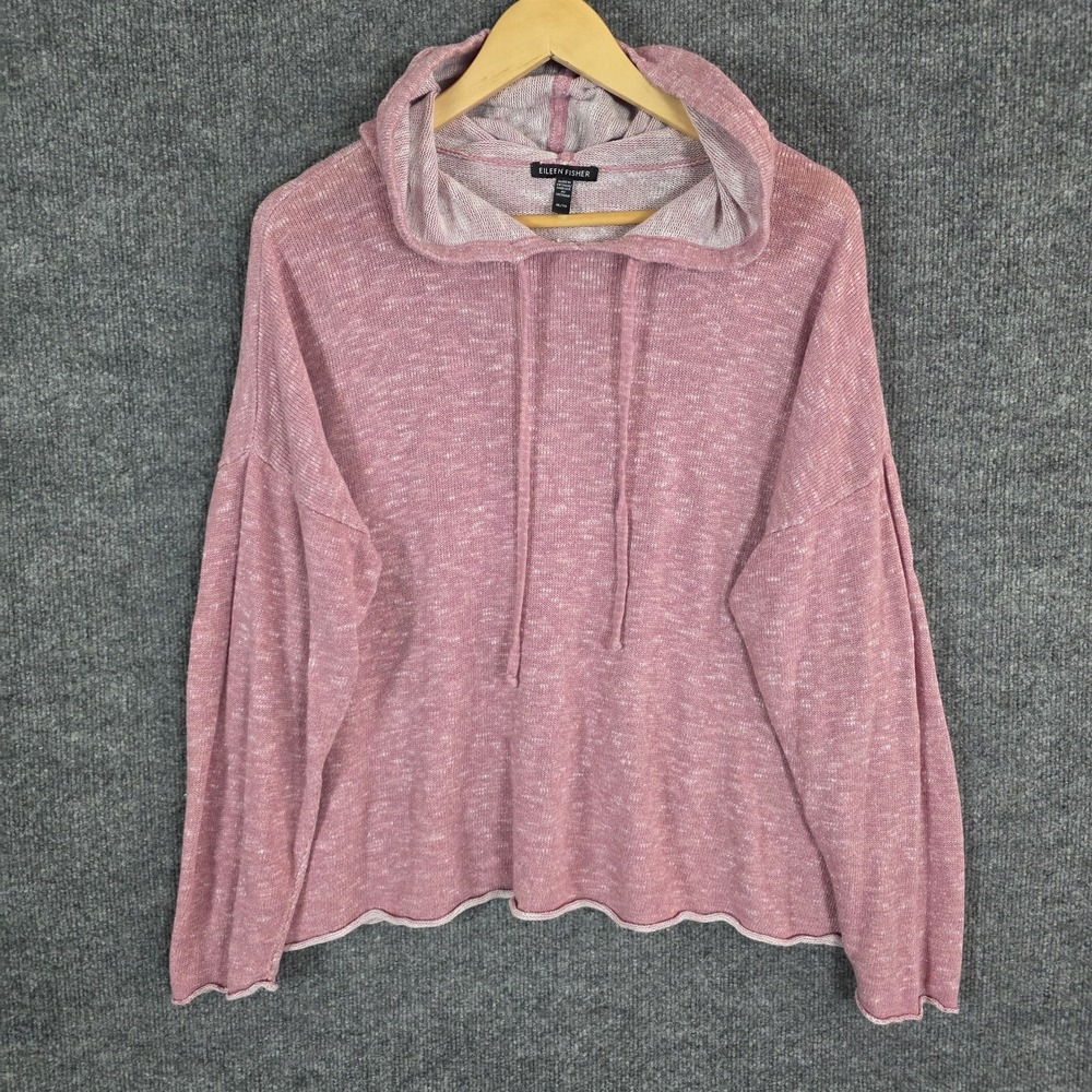 Eileen Fisher XL Organic Cotton Linen Slub Hooded Sweater Top Tunic Hoodie Knit - Picture 2 of 8